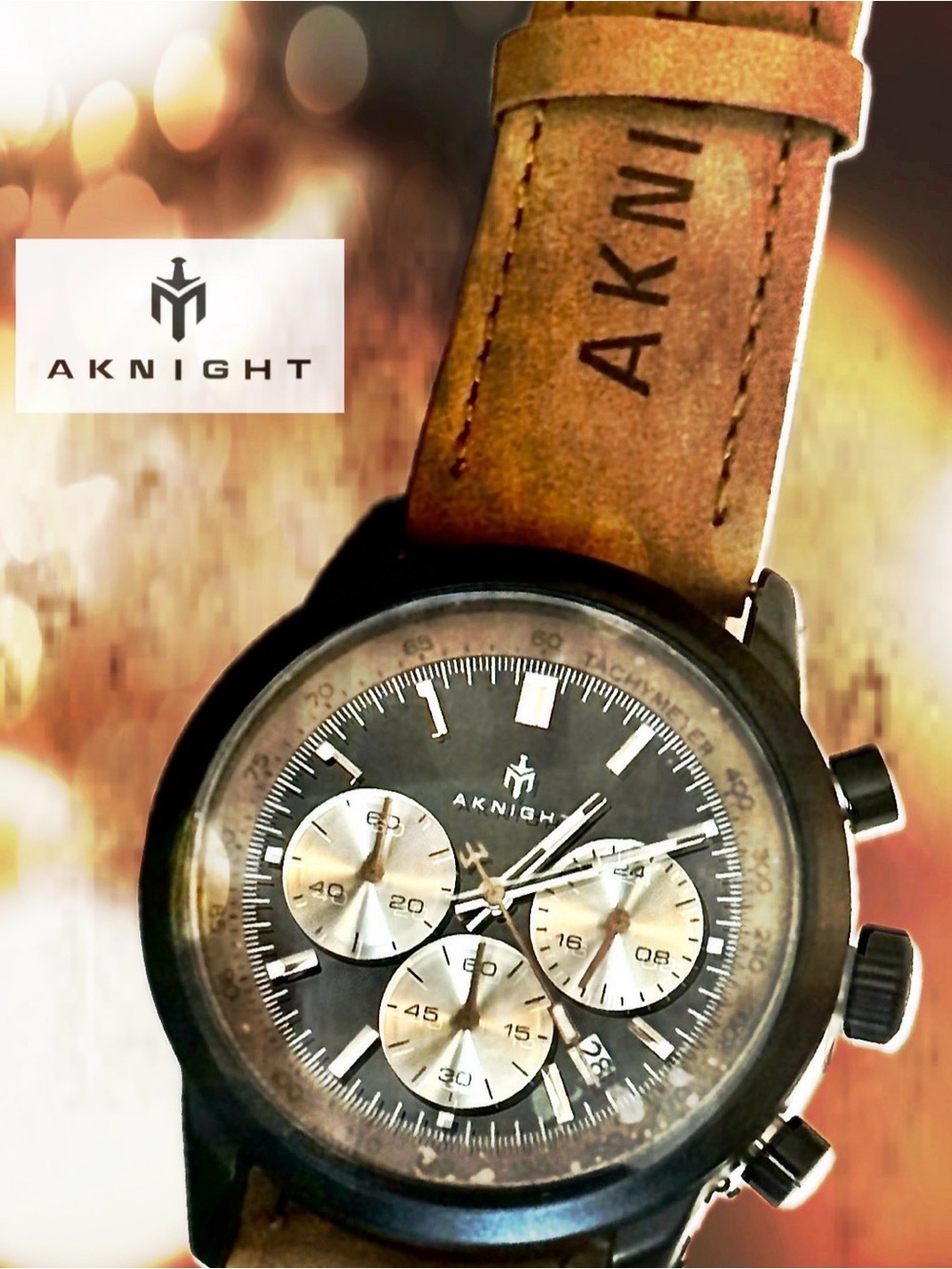 AKnight Classic Chronograph Watch in Black and Silver with Brown leather band.